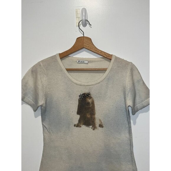 Cache Ivory Rhinestone Cashmere Blend Stretch Puppy Dog Top Women's Size S - Picture 2 of 8